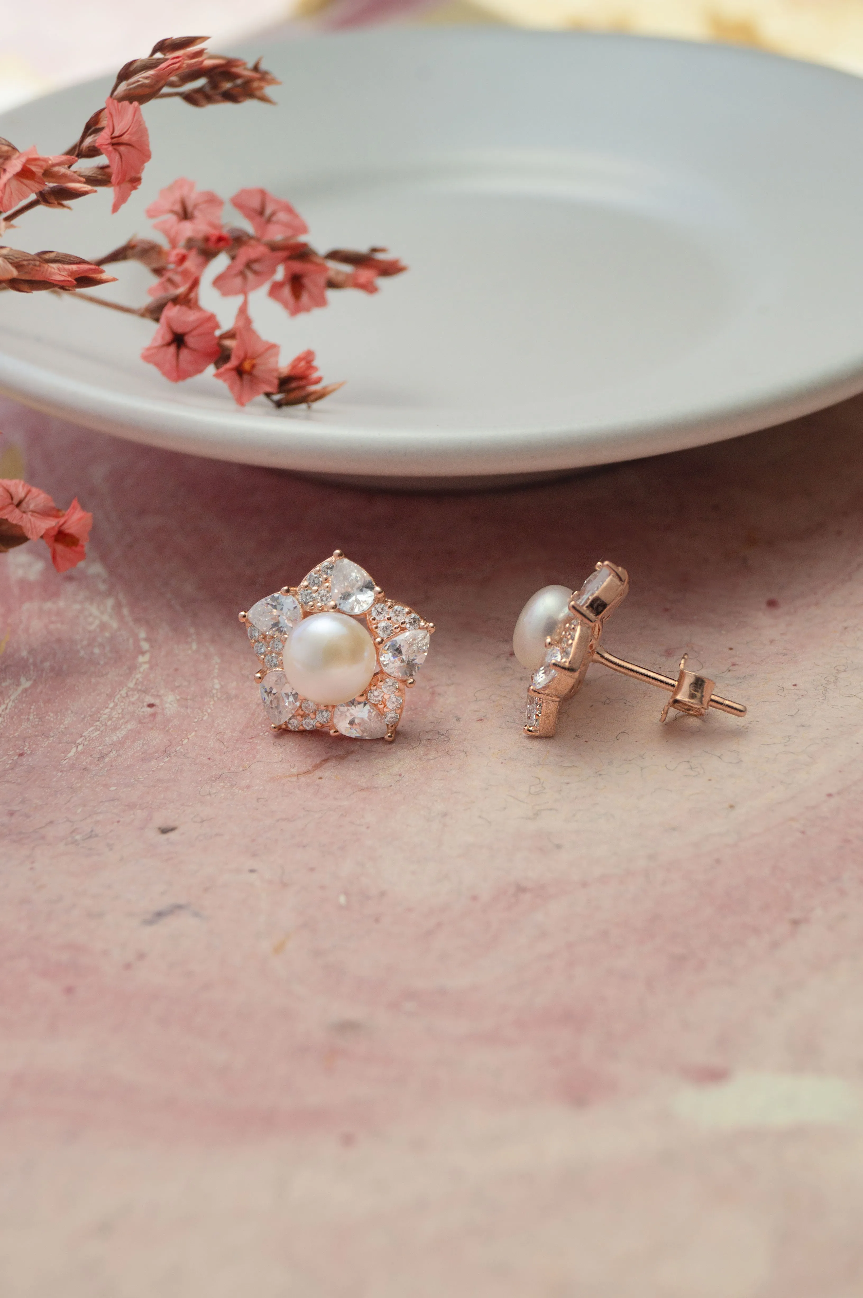 Blooming Pearl Flower Rose Gold Plated Sterling Silver Pendant Set