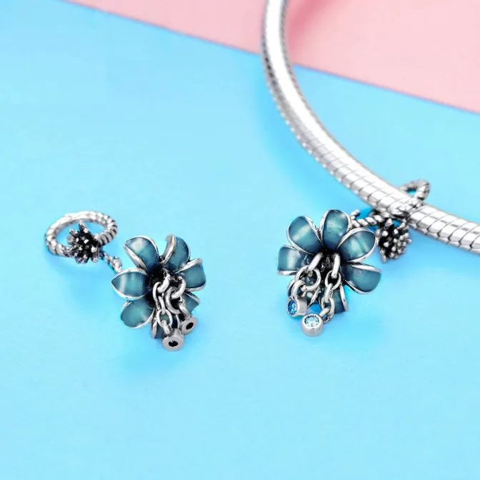 Blue Crystal Enamel Lily Flower Dangle Charm 925 Sterling Silver