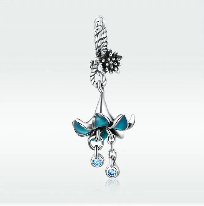 Blue Crystal Enamel Lily Flower Dangle Charm 925 Sterling Silver