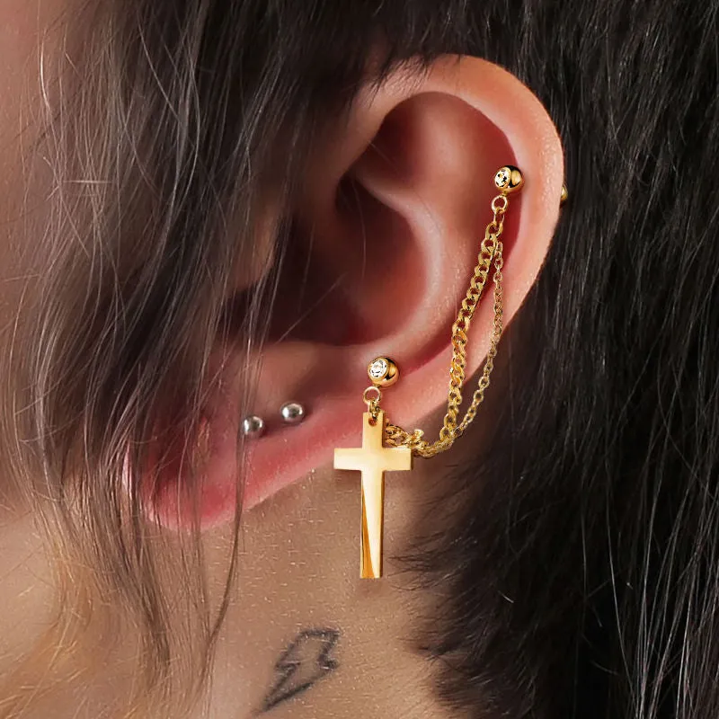 Chain Linked Crystal Set Cartilage Barbells with Cross - Gold