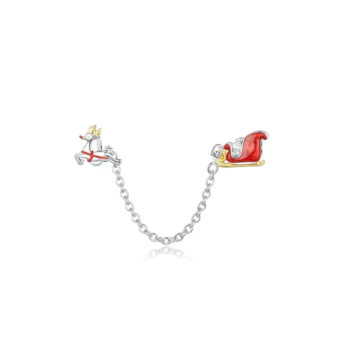 Christmas Reindeer Sleigh Safety Chain Charm 925 Sterling Silver