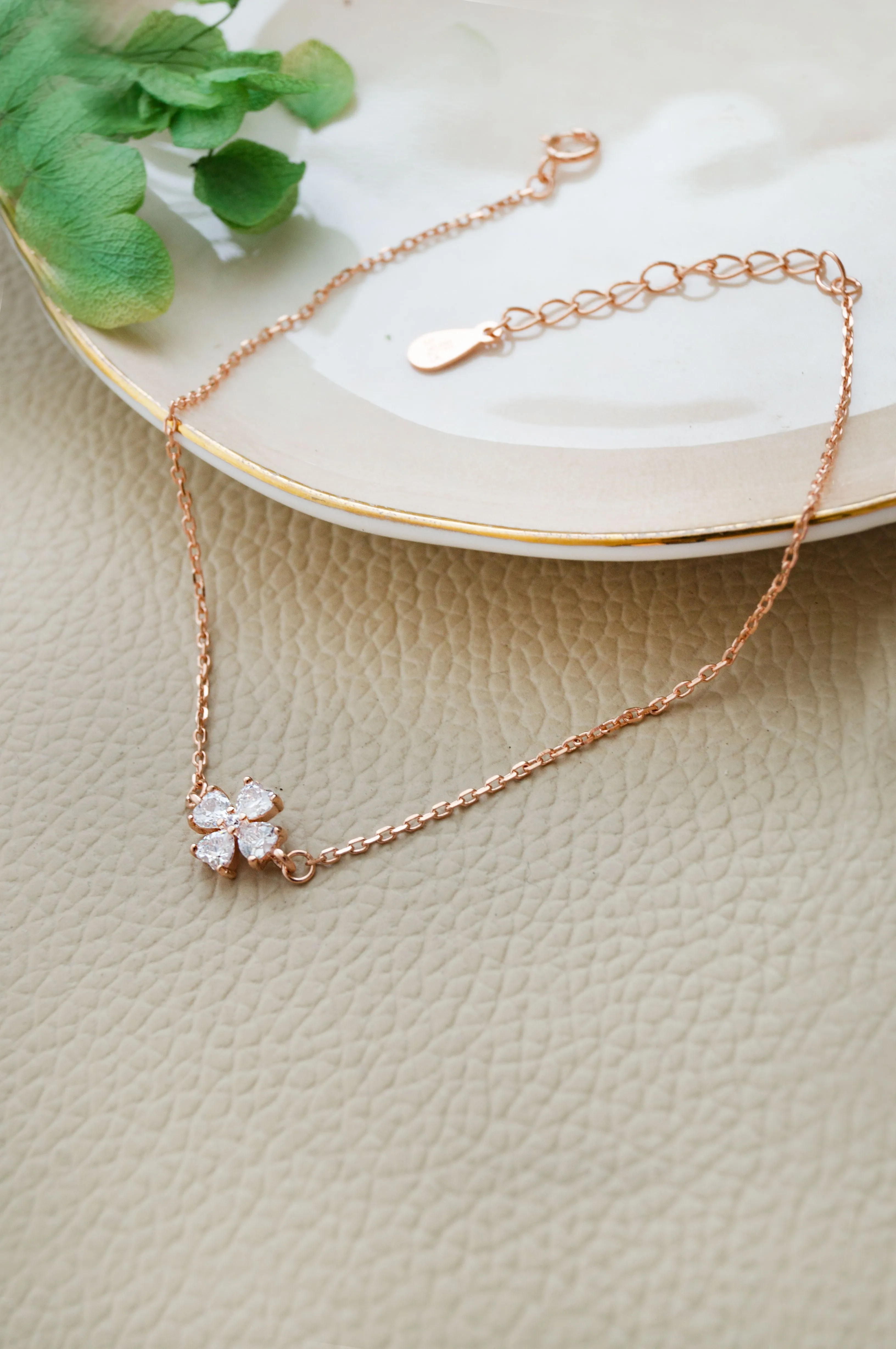 Clover Flower Rose Gold Plated Sterling Silver Chain Bracelet