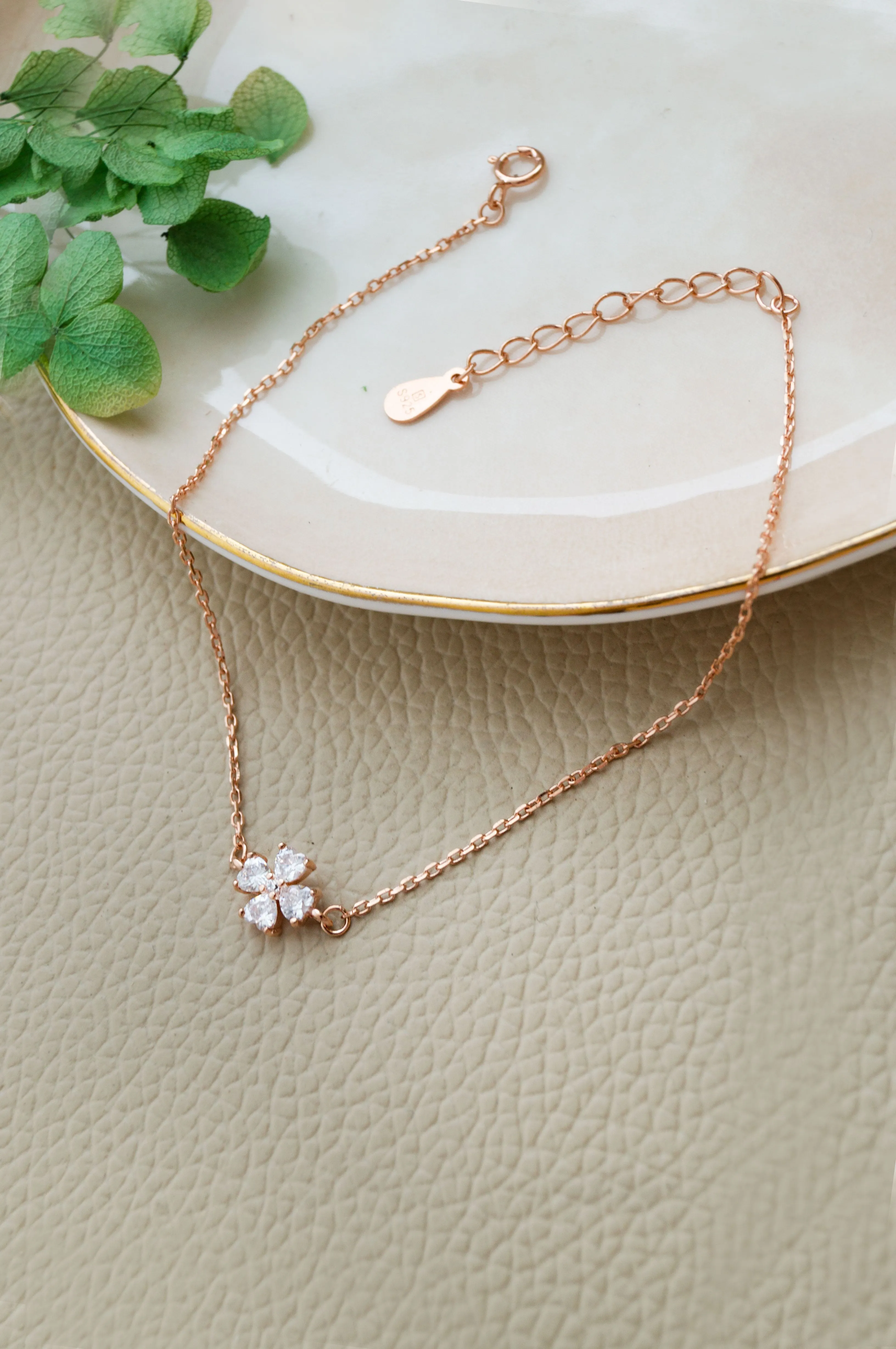 Clover Flower Rose Gold Plated Sterling Silver Chain Bracelet