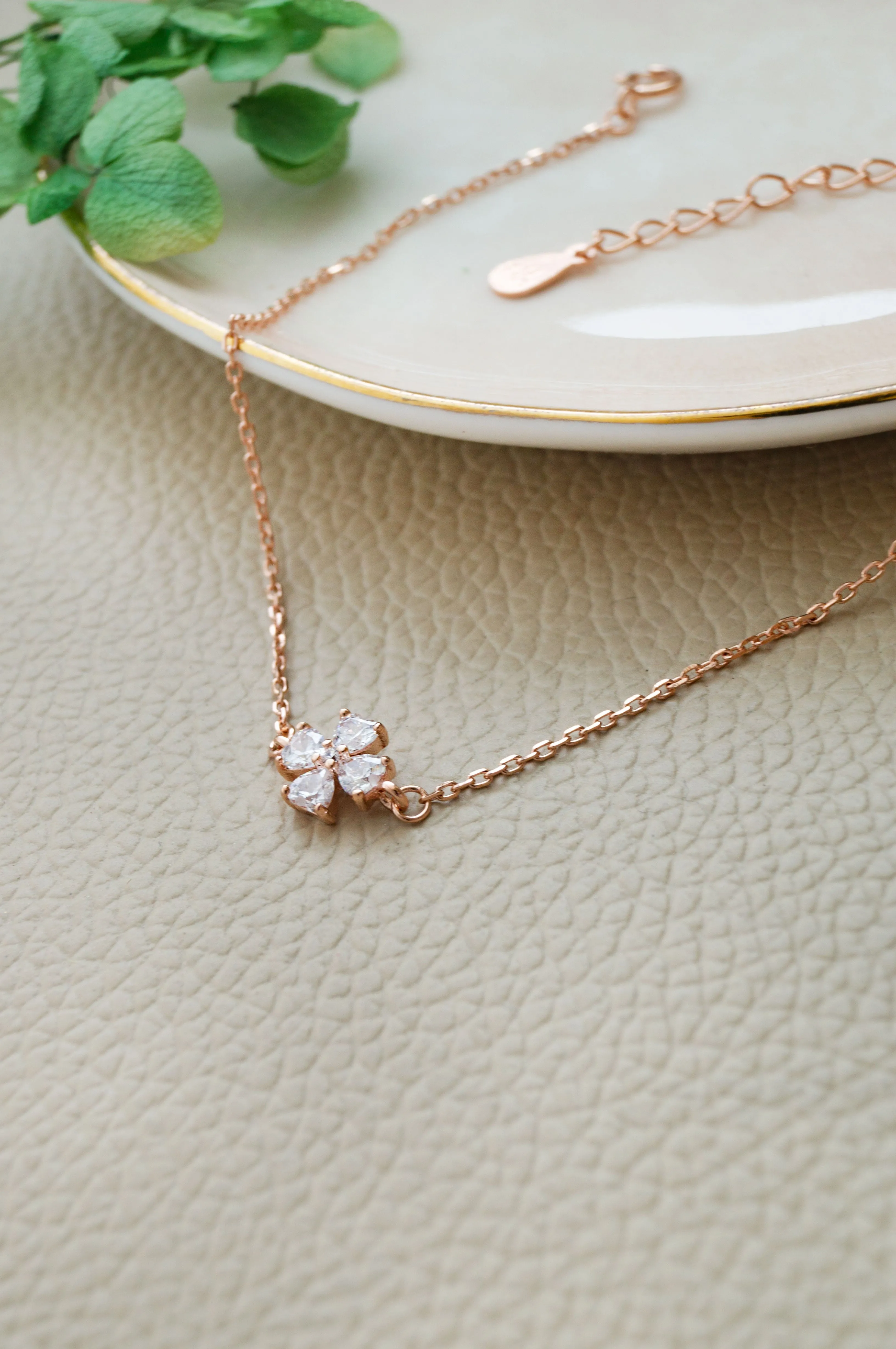 Clover Flower Rose Gold Plated Sterling Silver Chain Bracelet