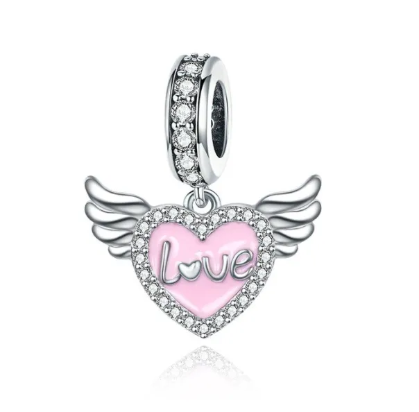 Crystal Love Heart Angel Wings Dangle Charm 925 Sterling Silver