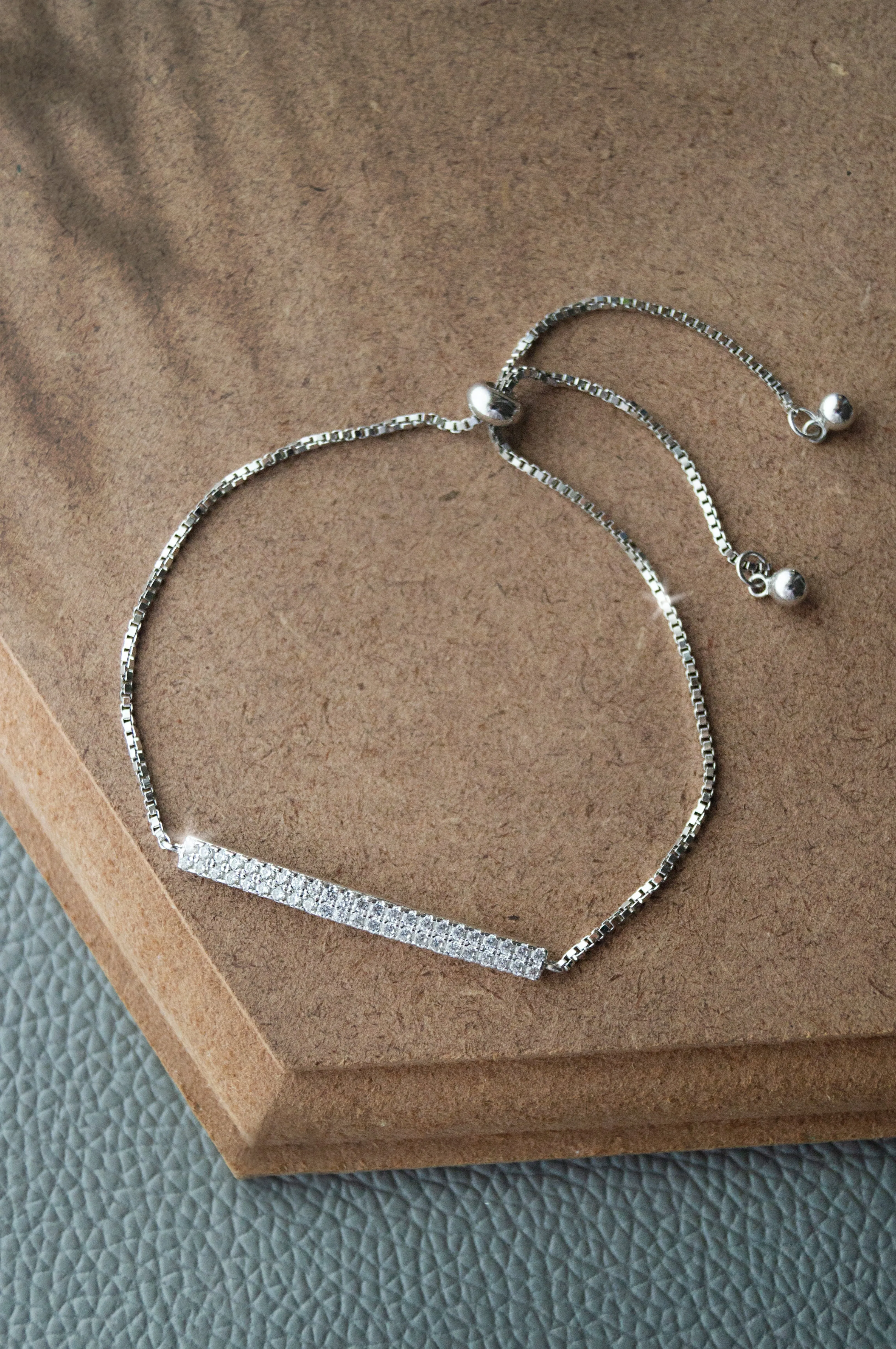 Dainty Sparkle Bar Sterling Silver Pull Chain Bracelet