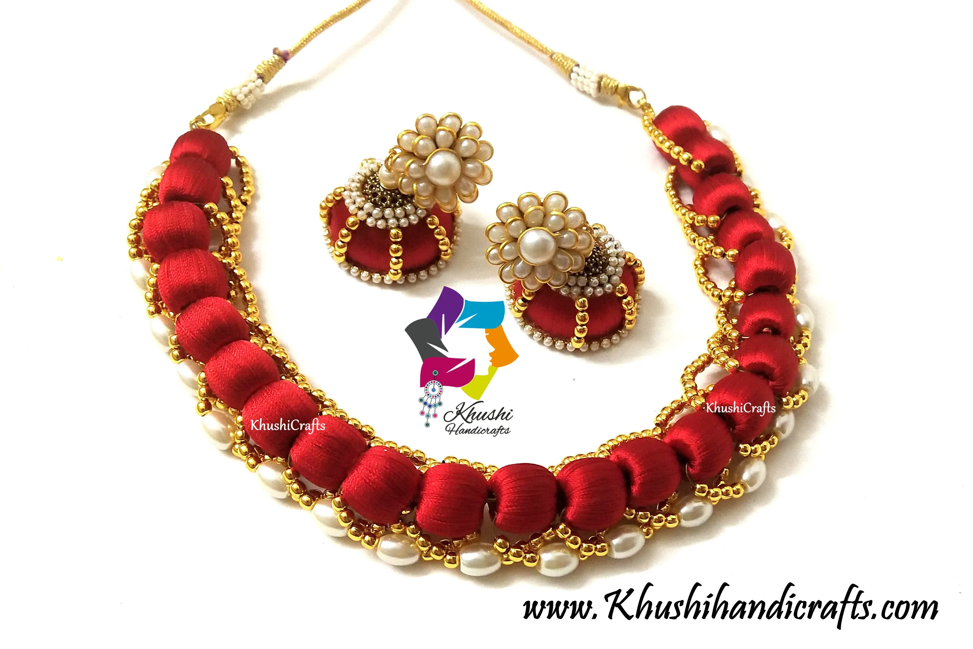 Designer Bridal Red Silk Thread Pearl Jewelry Necklace set!