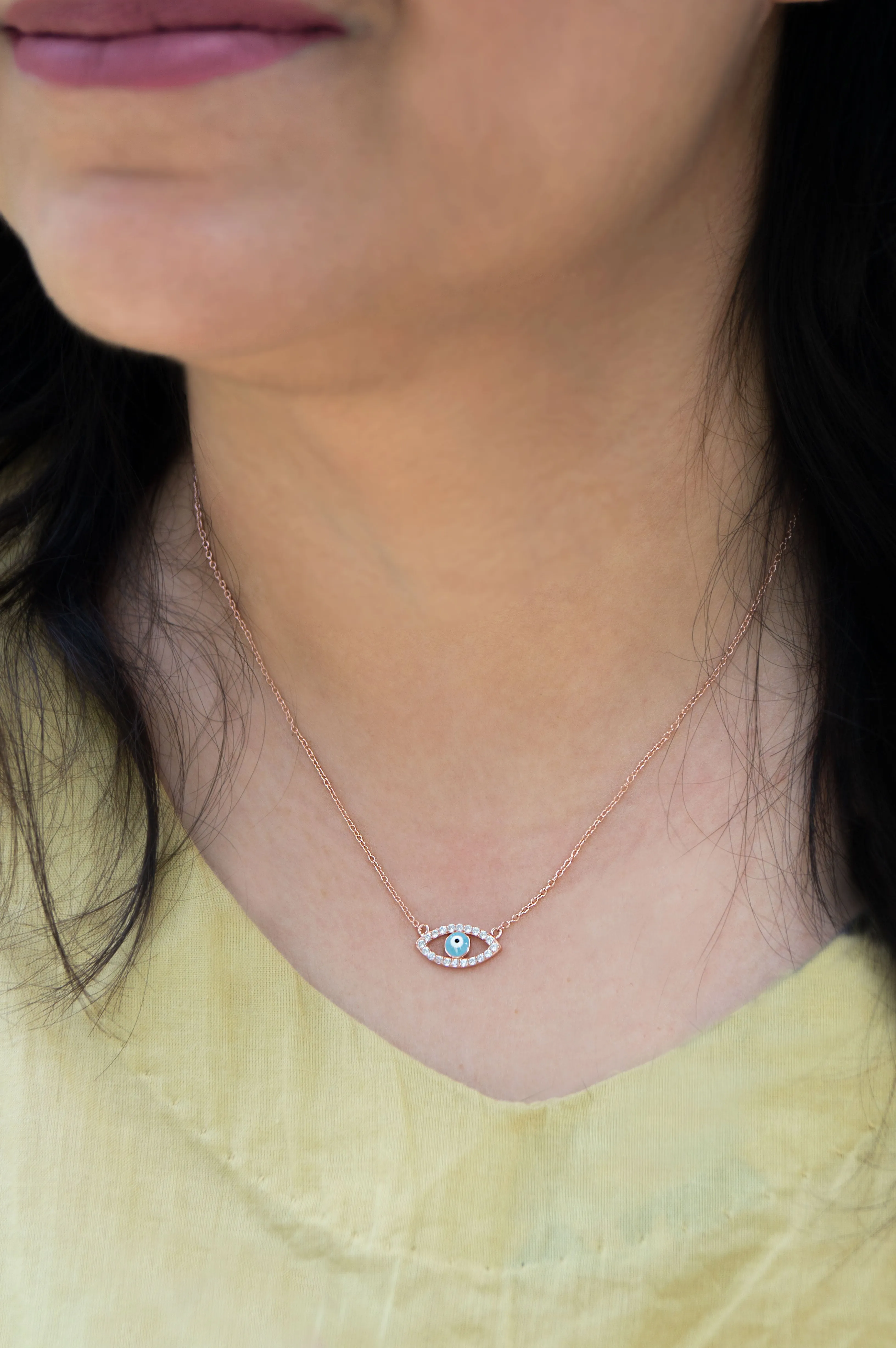 Desirable Evil Eye Hand-Painted Rose Gold Plated Sterling Silver Chain Necklace