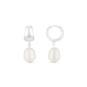 Domed Pearl Drop Huggie Hoop Earrings - Silver