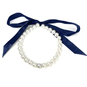 DOTTY navy blue ribbon pearl necklace