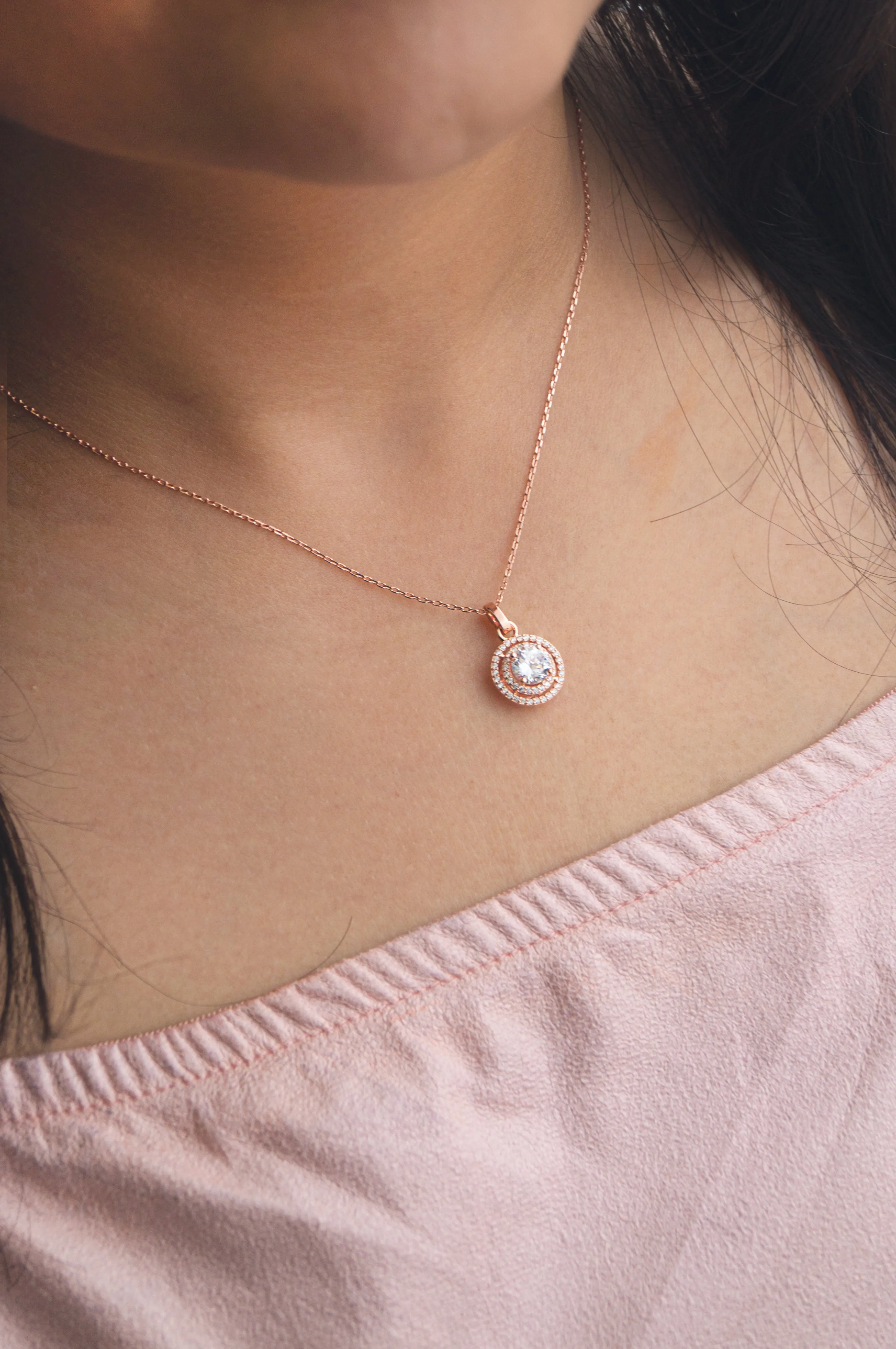 Double Halo Solitaire Sterling Silver Pendant Necklace