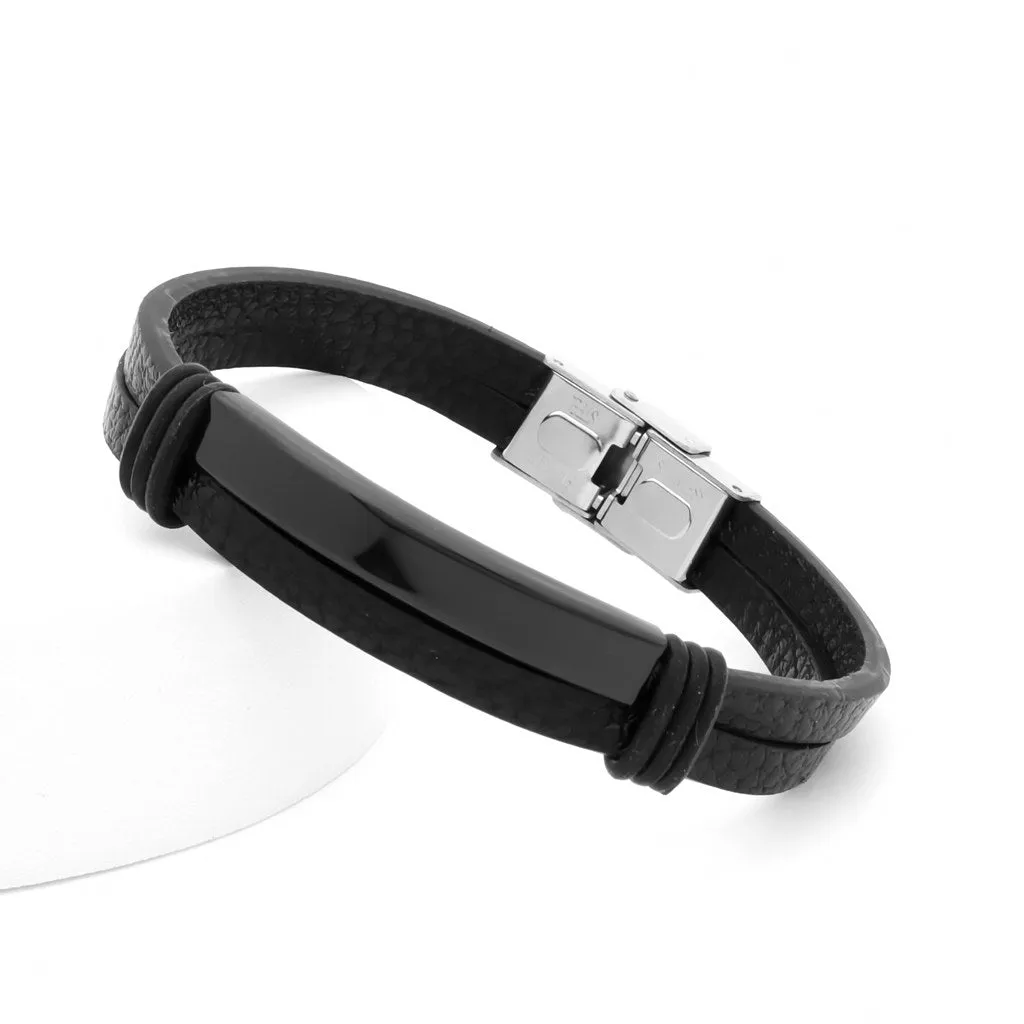 Double Layers Leather Bracelet with Stainless Steel ID Plate