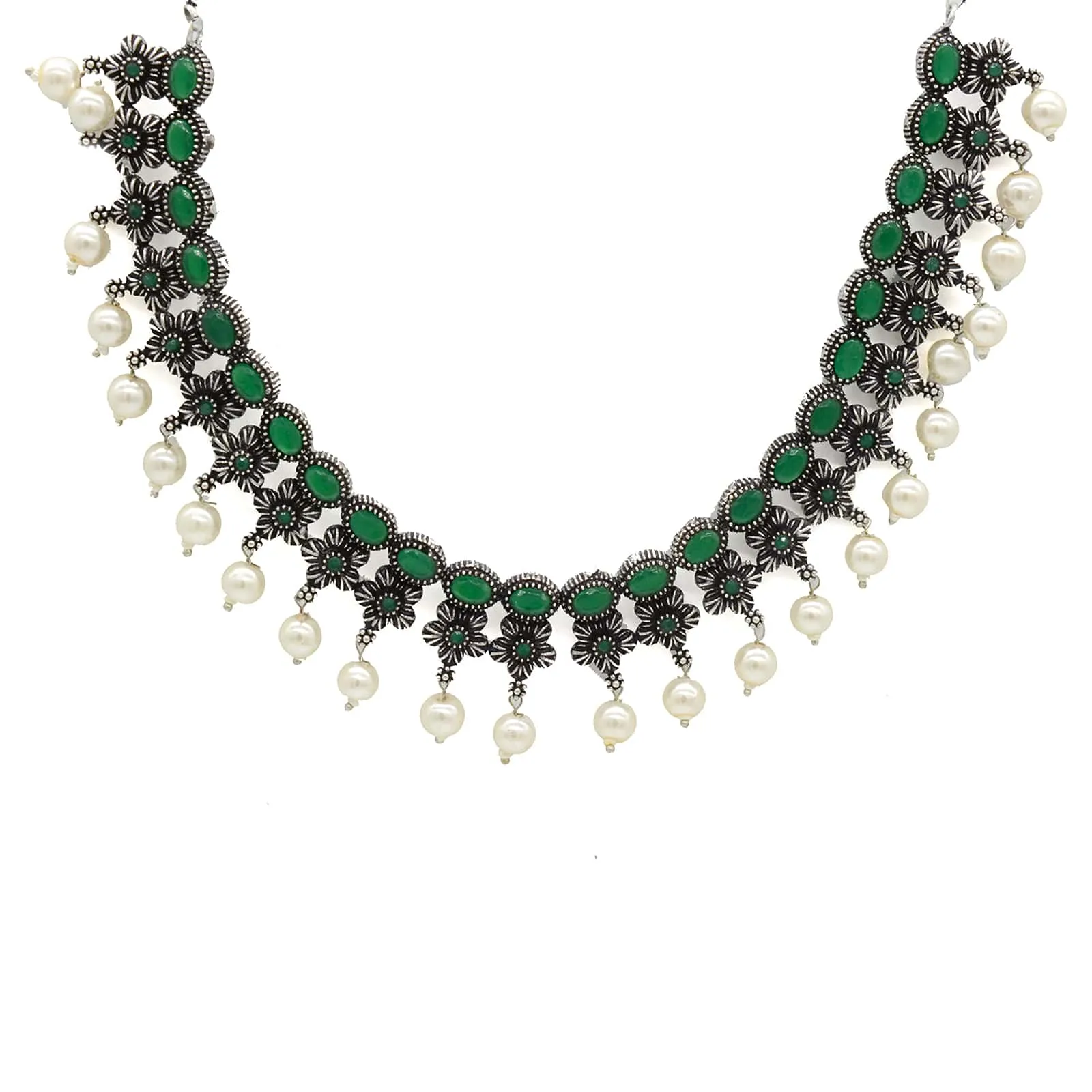 Ekladh Green Stone Silver Pearl Necklace Set