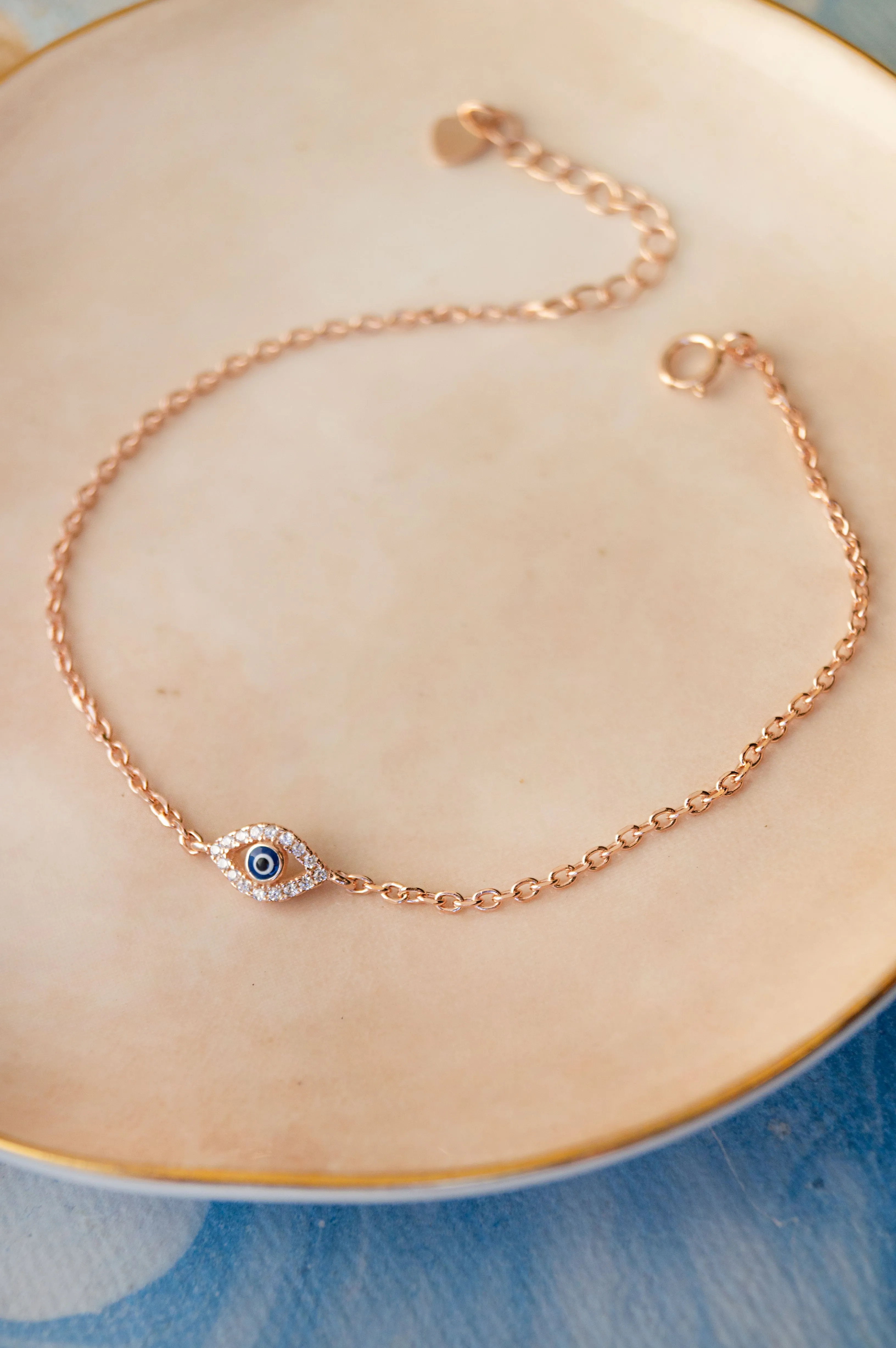 Evil Eye Hand-Painted Delicate Rose Gold Plated Sterling Silver Chain Bracelet