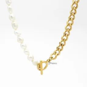 Freshwater Pearls with Stainless Steel Toggle Bar Cuban Chain Necklace