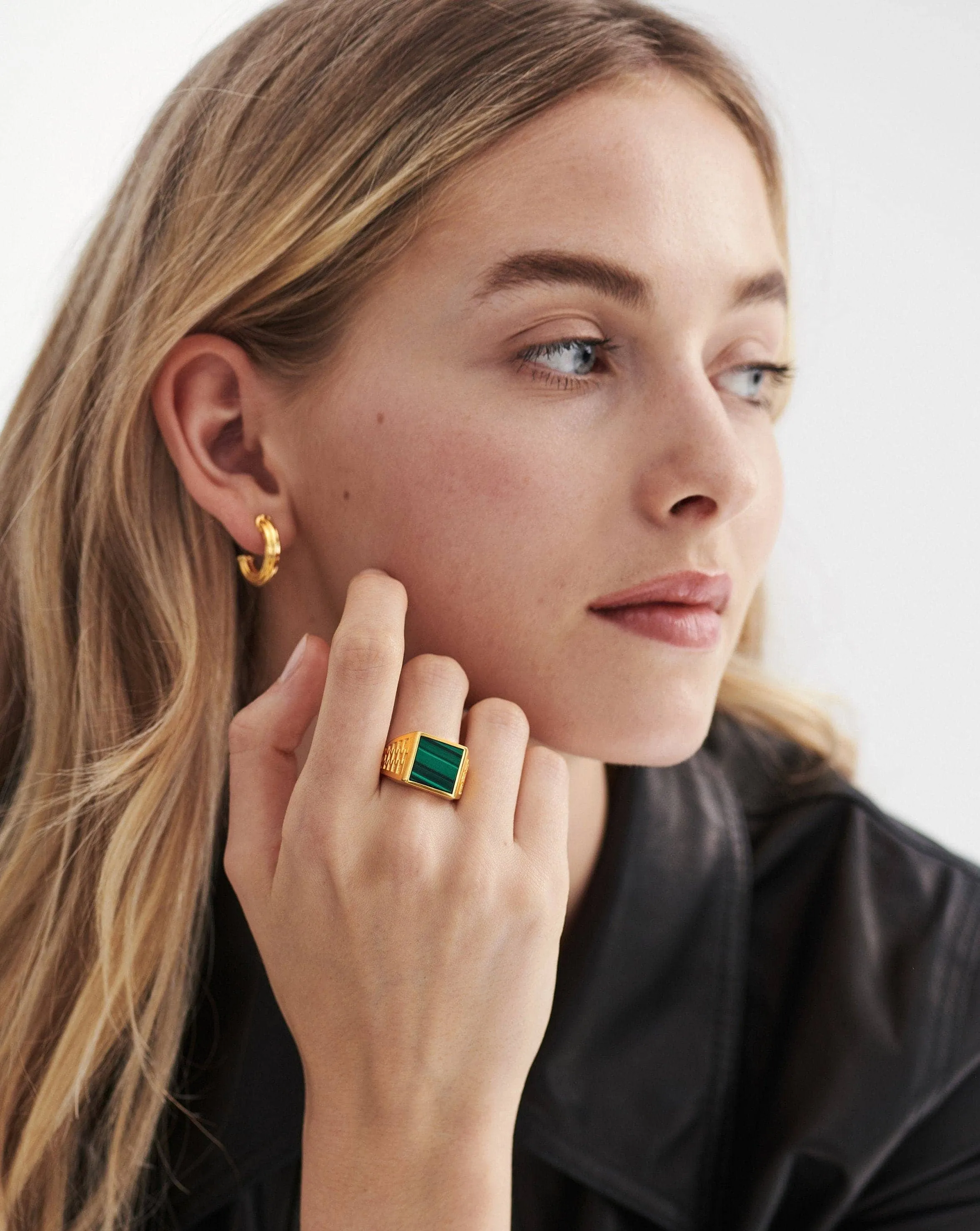 Fused Woven Gemstone Square Signet Ring | 18ct Gold Plated Vermeil/Malachite