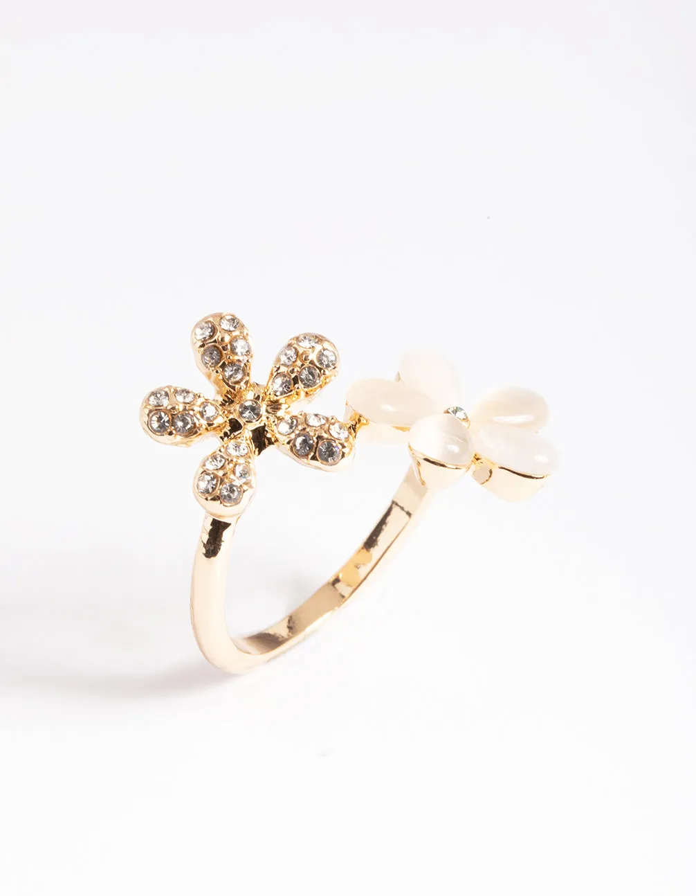 Gold Diamante & Cateye Flower Ring