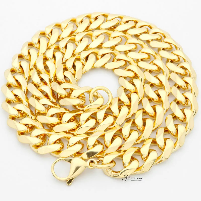 Gold I.P Stainless Steel Beveled Cuban Chain Necklace - 13mm width