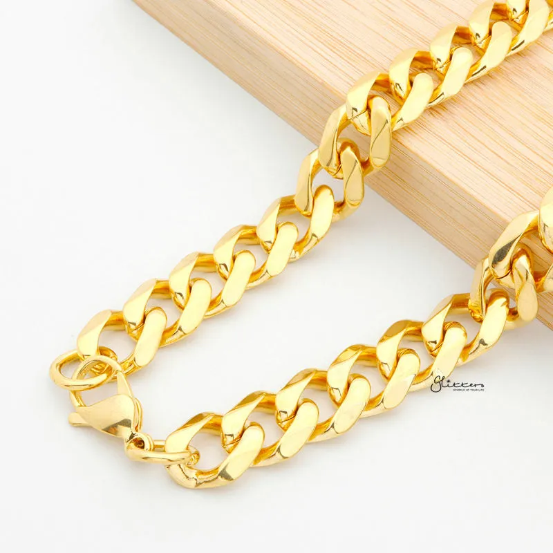 Gold I.P Stainless Steel Beveled Cuban Chain Necklace - 13mm width