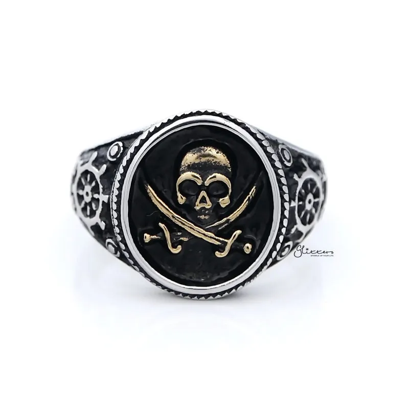 Gold Pirate Skull Crossbones Swords Stainless Steel Men's Ring