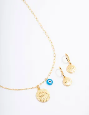 Gold Plated Coin Evil Eye Necklace & Earring Jewellery Set