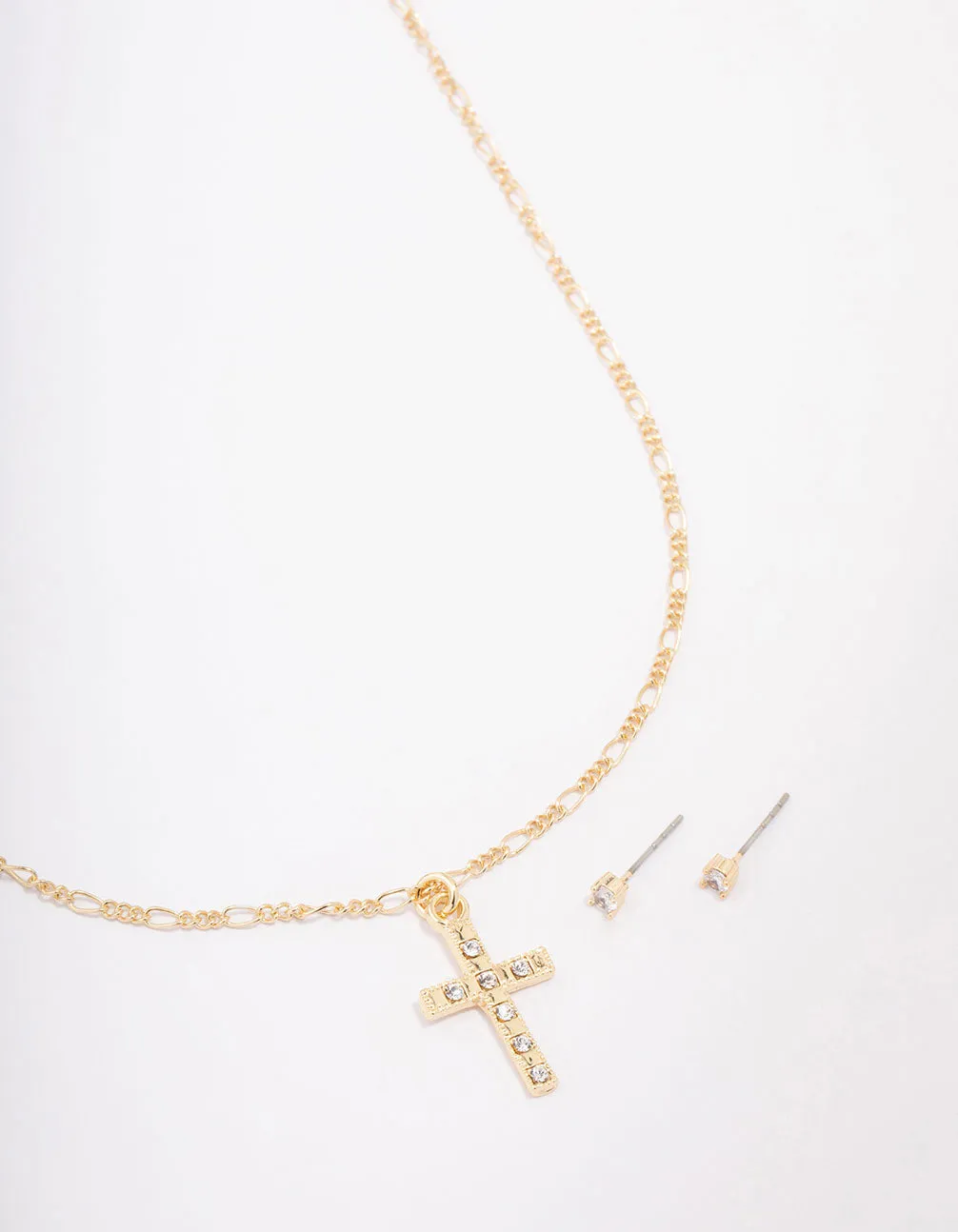 Gold Plated Crystal Cross Pendant Necklace & Stud Earring Set