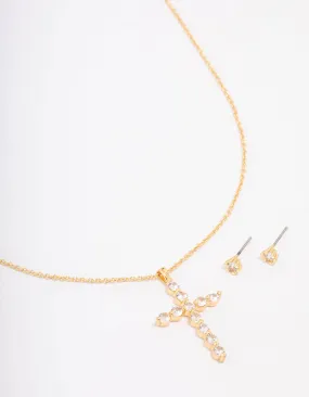 Gold Plated Cubic Zirconia Round Cross Pendant Necklace & Stud Earring Set