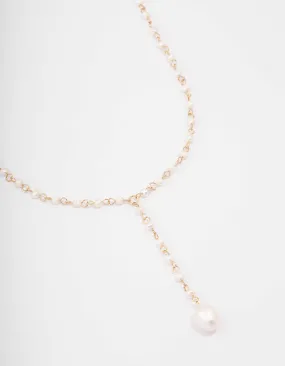 Gold Plated Large Pearl Y-Shaped Pendant Necklace