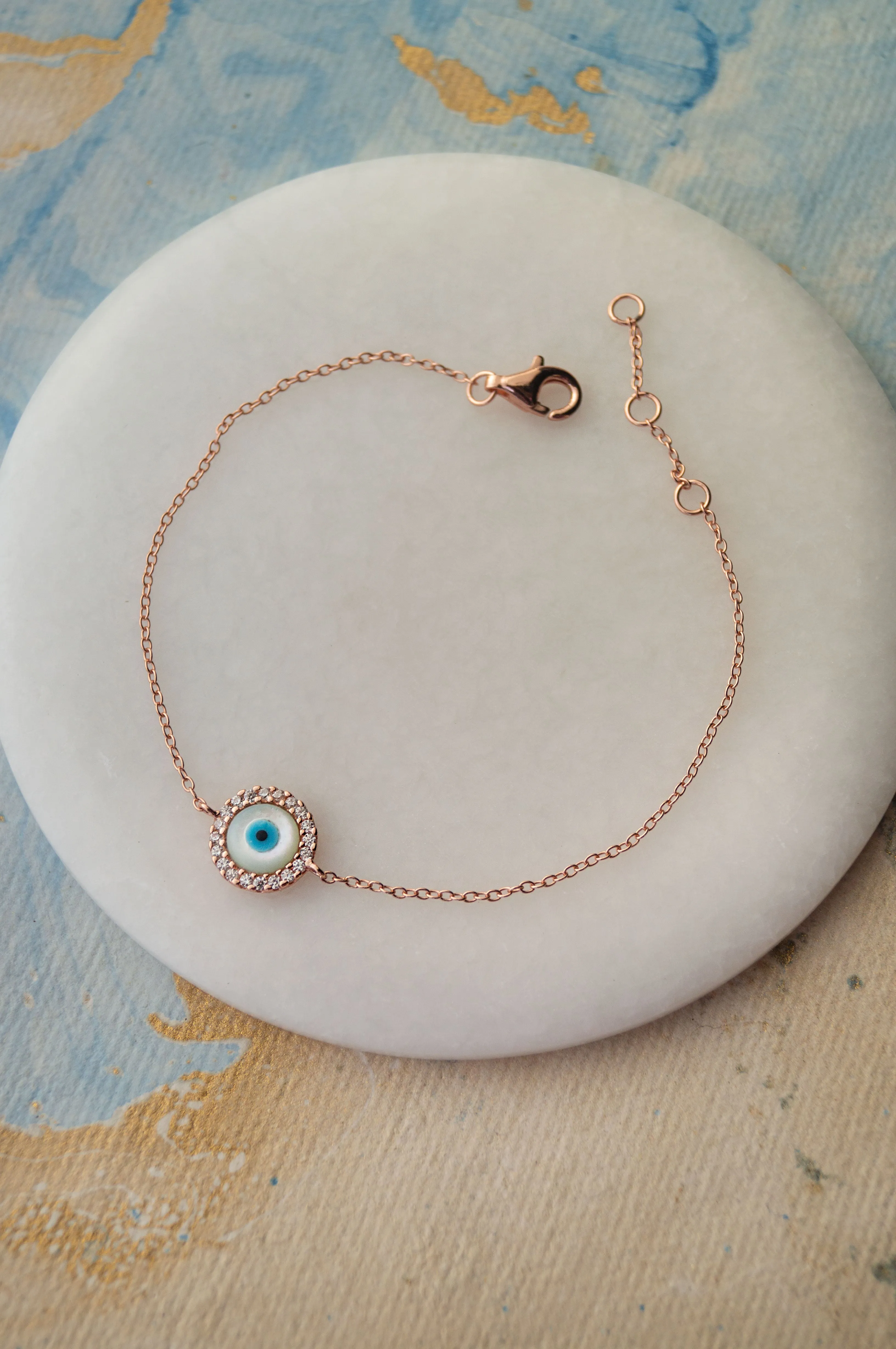 Halo Evil Eye Rose Gold Plated Sterling Silver Chain Bracelet