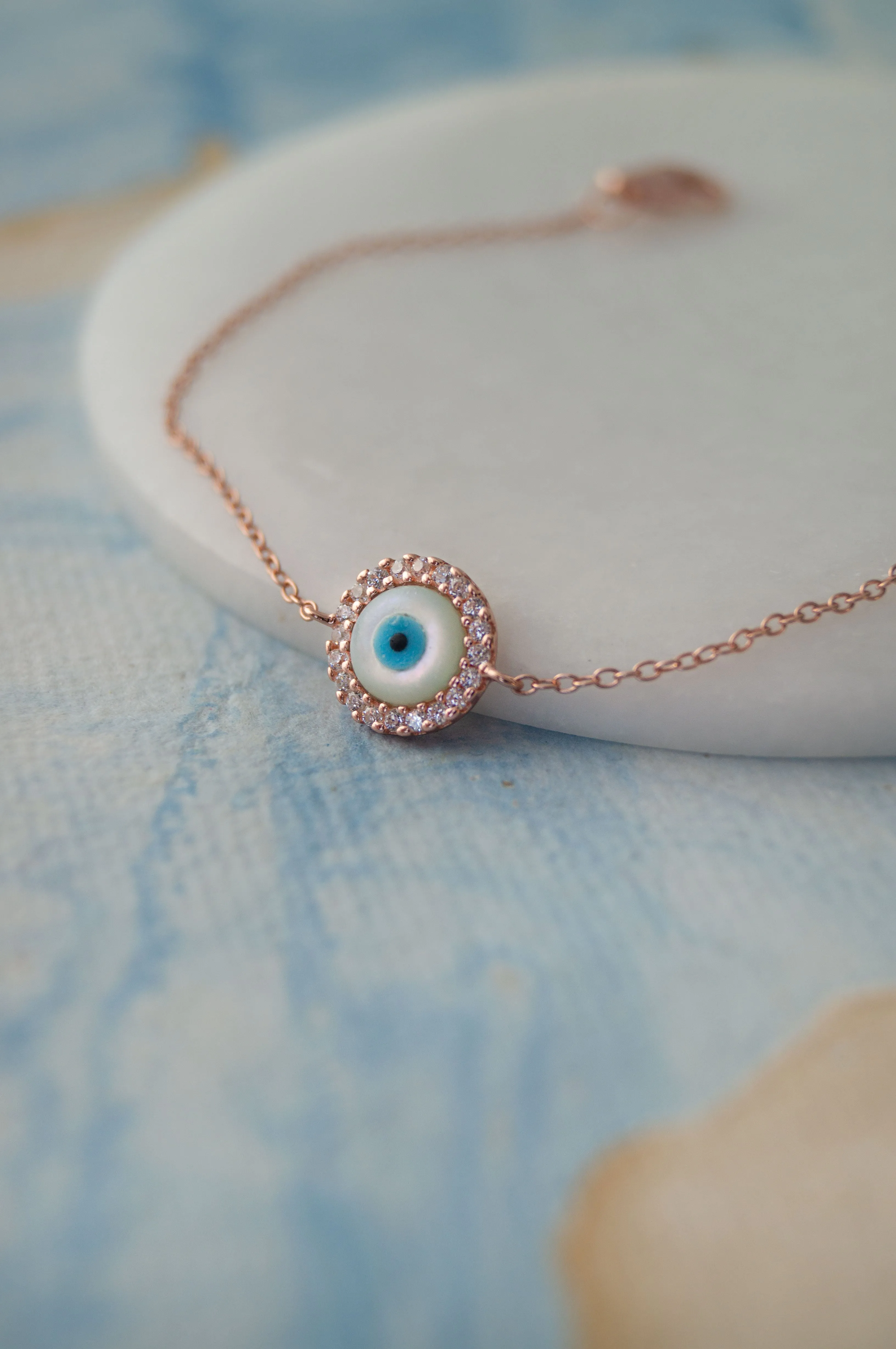 Halo Evil Eye Rose Gold Plated Sterling Silver Chain Bracelet