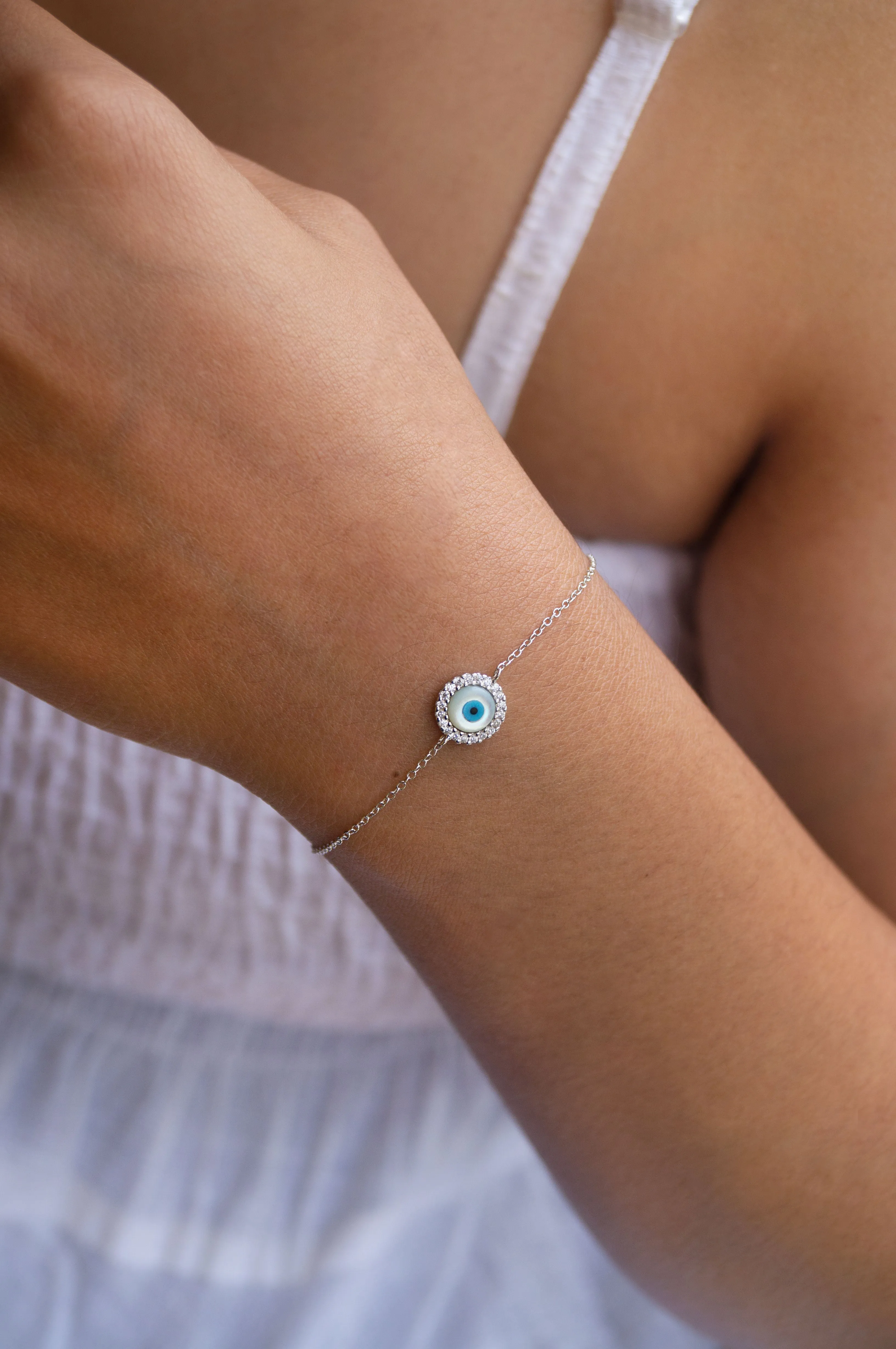 Halo Evil Eye Rose Gold Plated Sterling Silver Chain Bracelet