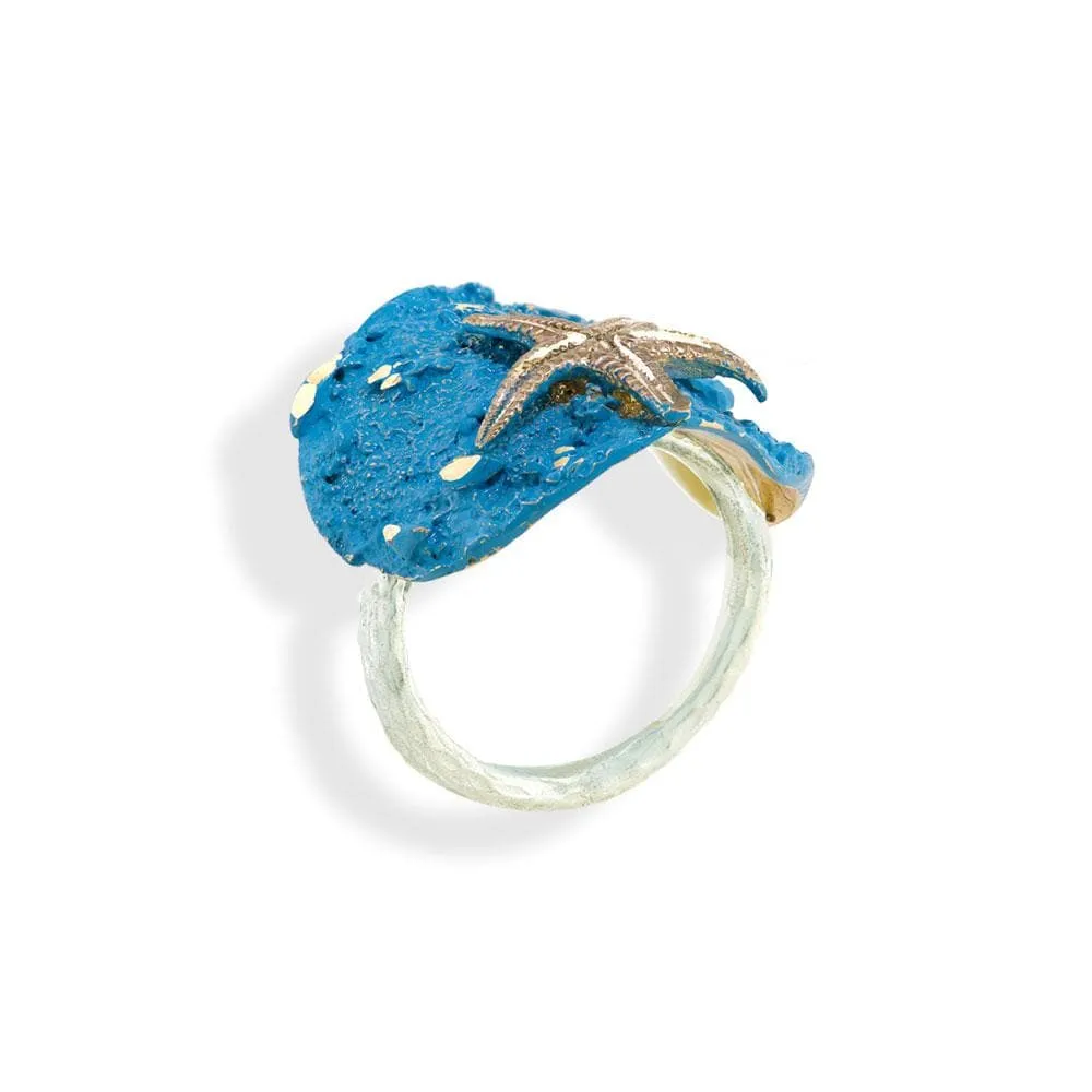 Handmade Bronze Turquoise Shimmering Starfish Silver Ring