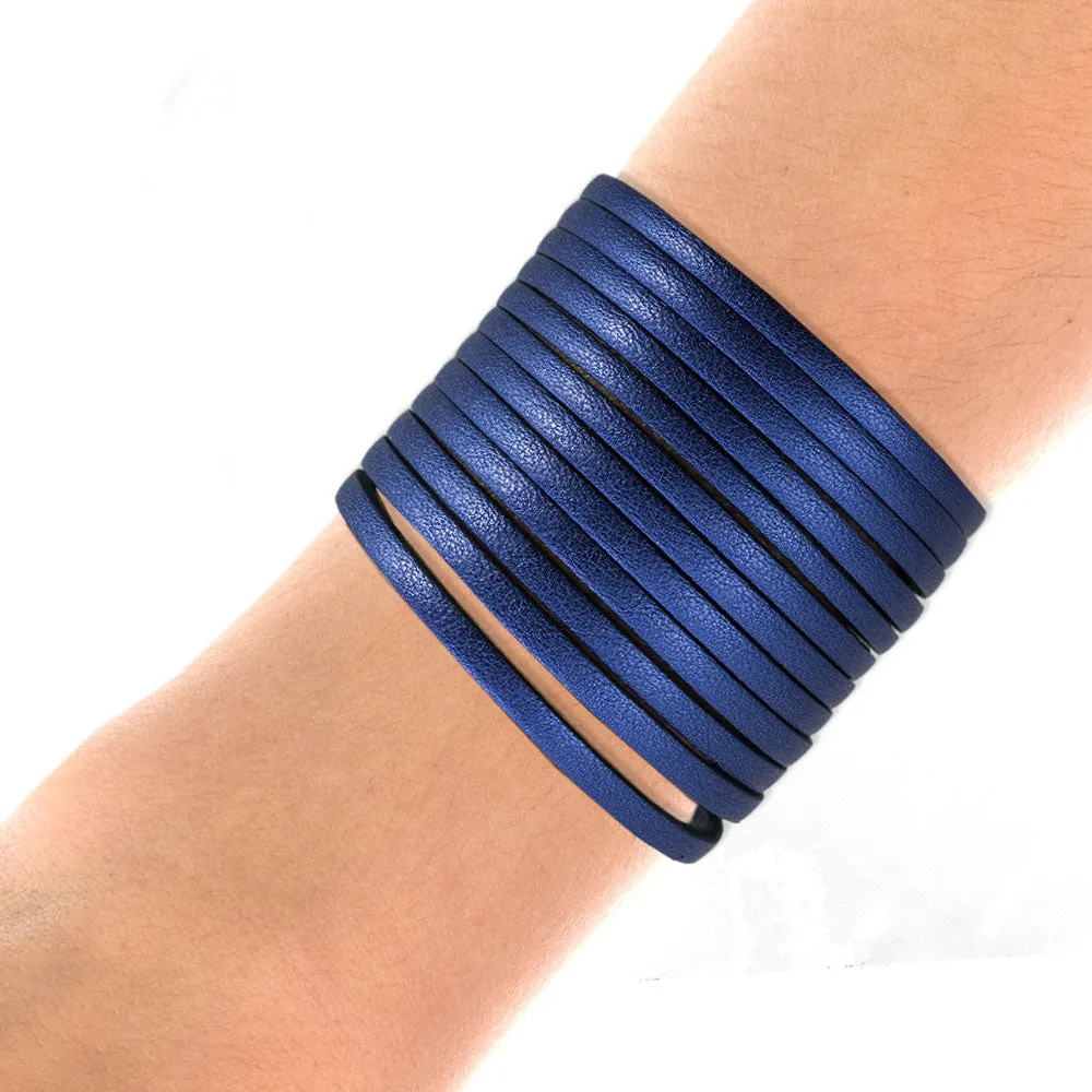 Handmade Leather Bracelet Sparkling Navy Blue Fringes