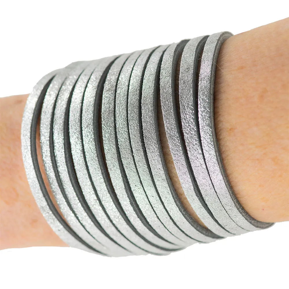 Handmade Leather Bracelet Sparkling Silver Fringes