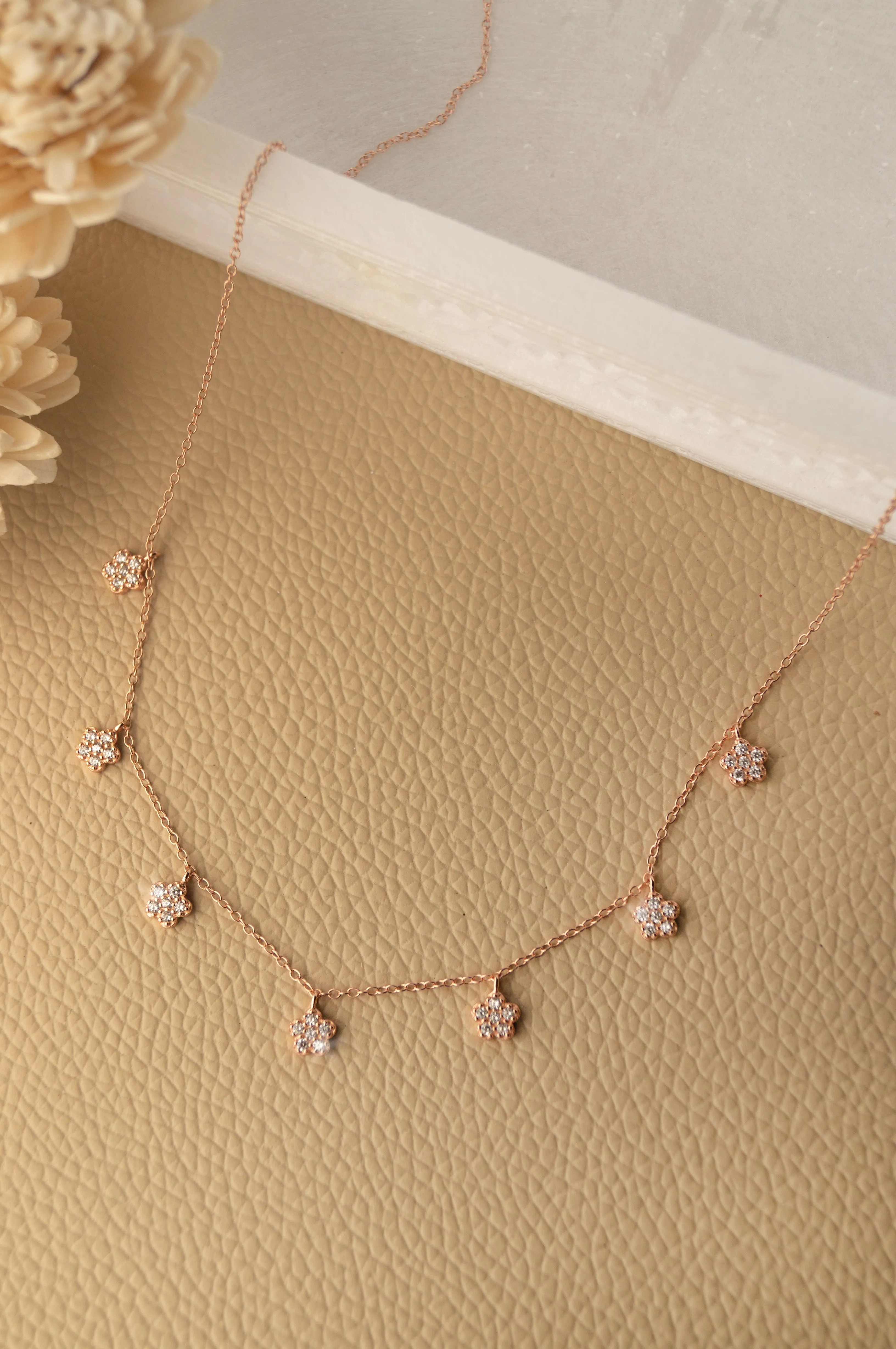 Happy Flowers Charm Rose Gold Plated Sterling Silver Delicate Necklace