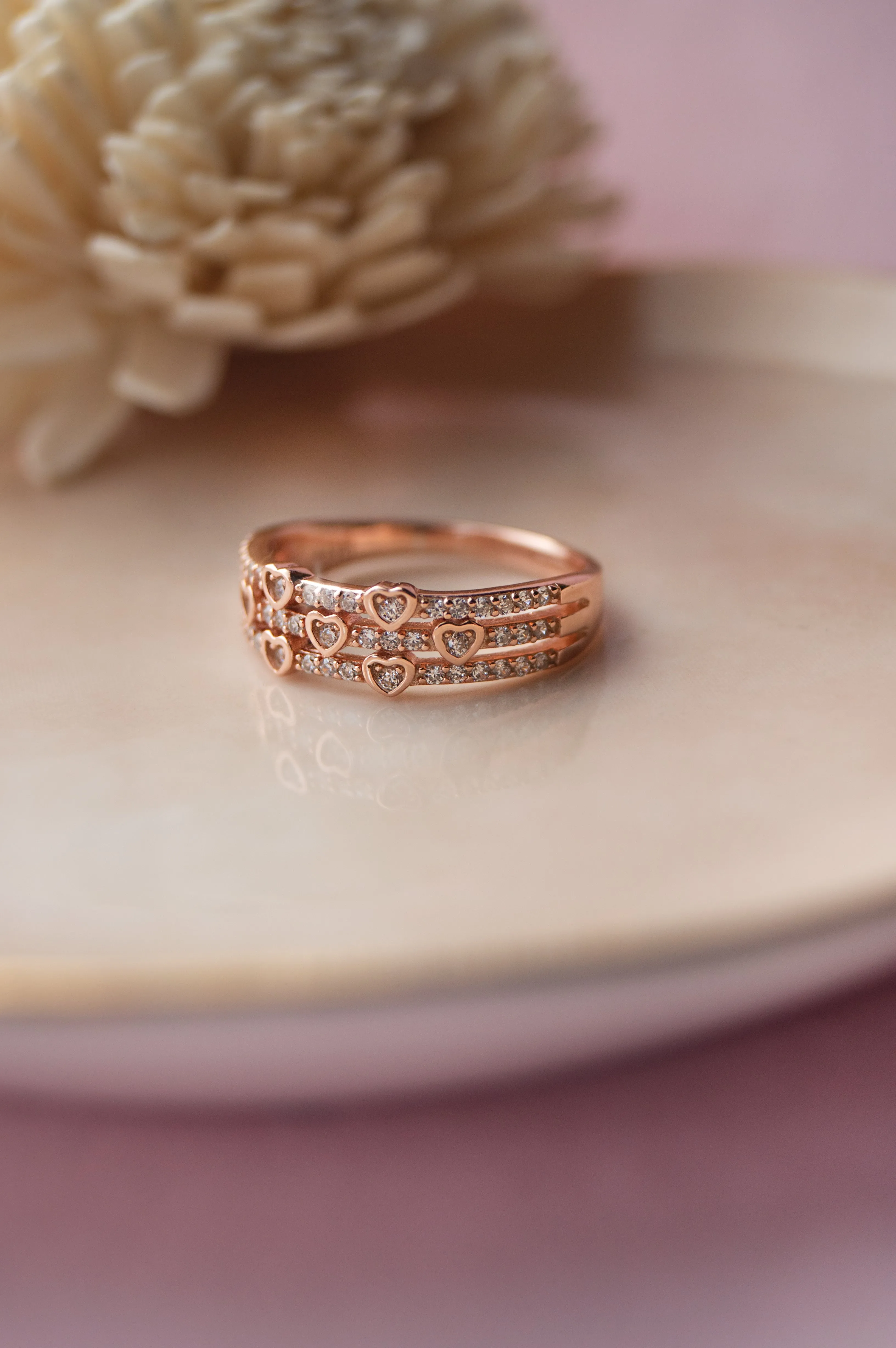 Heart Shower Three Layer Rose Gold Plated Sterling Silver Ring