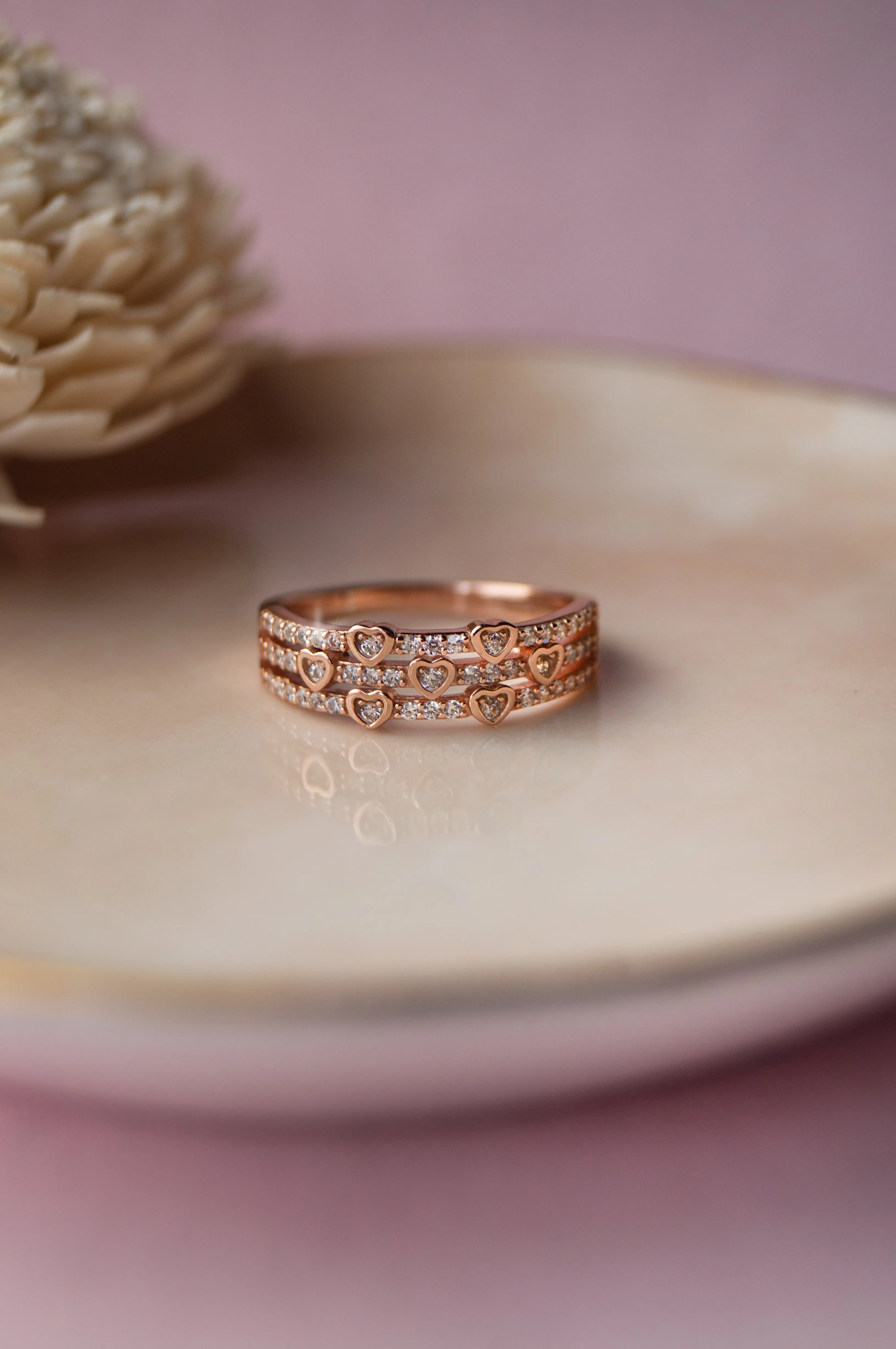 Heart Shower Three Layer Rose Gold Plated Sterling Silver Ring