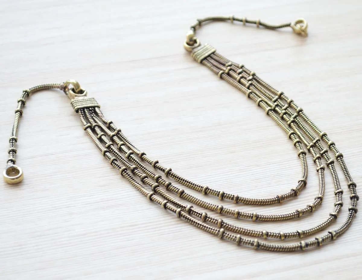 Multi Strand Gold Necklace, simple Layered antique gold long necklace, minimalist statement Indian jewelry, bollywood jewelry