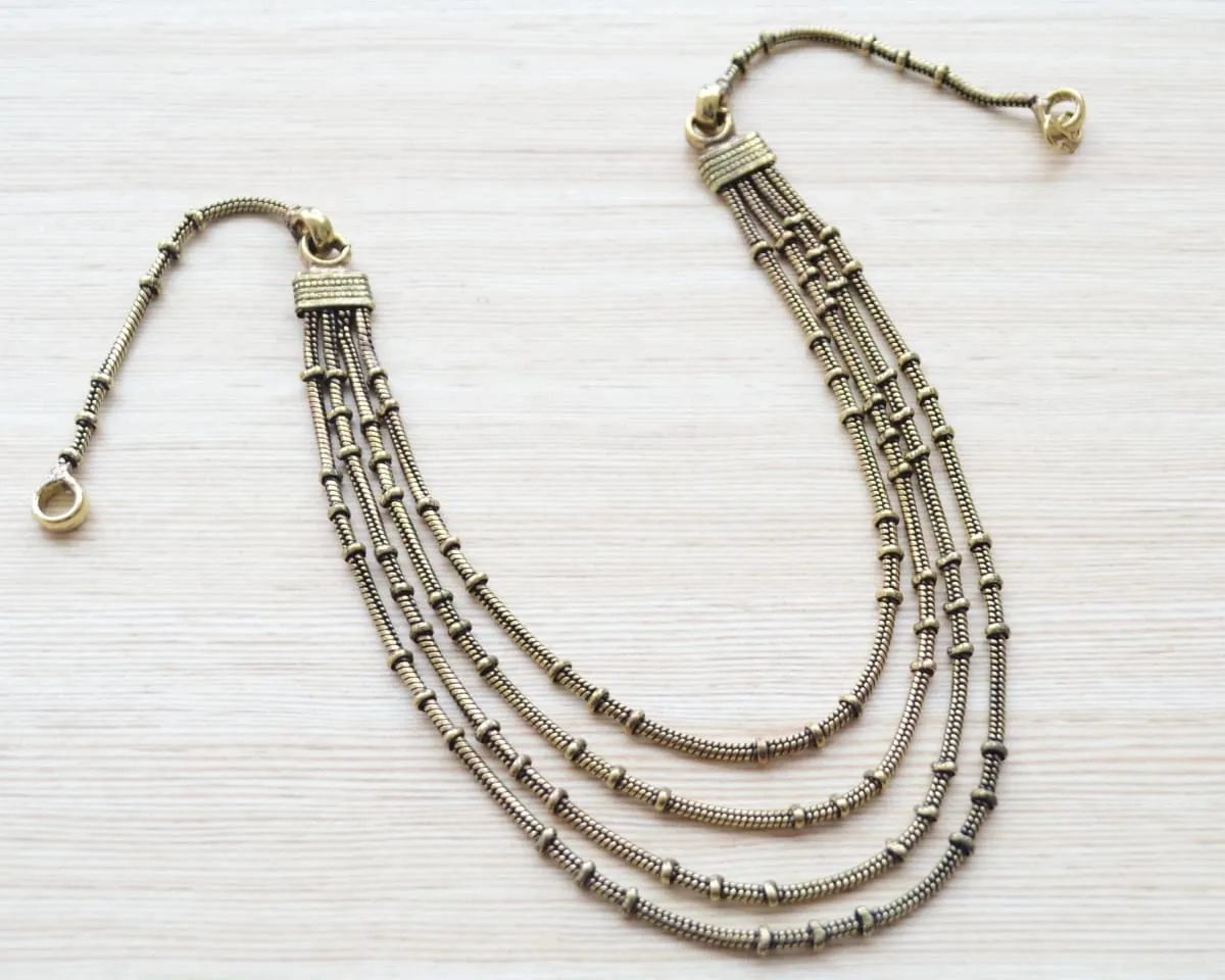 Multi Strand Gold Necklace, simple Layered antique gold long necklace, minimalist statement Indian jewelry, bollywood jewelry