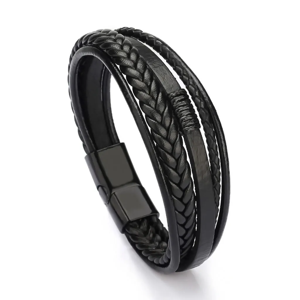 Multilayer Braided Black Leather Bracelet With Magnetic Clasp