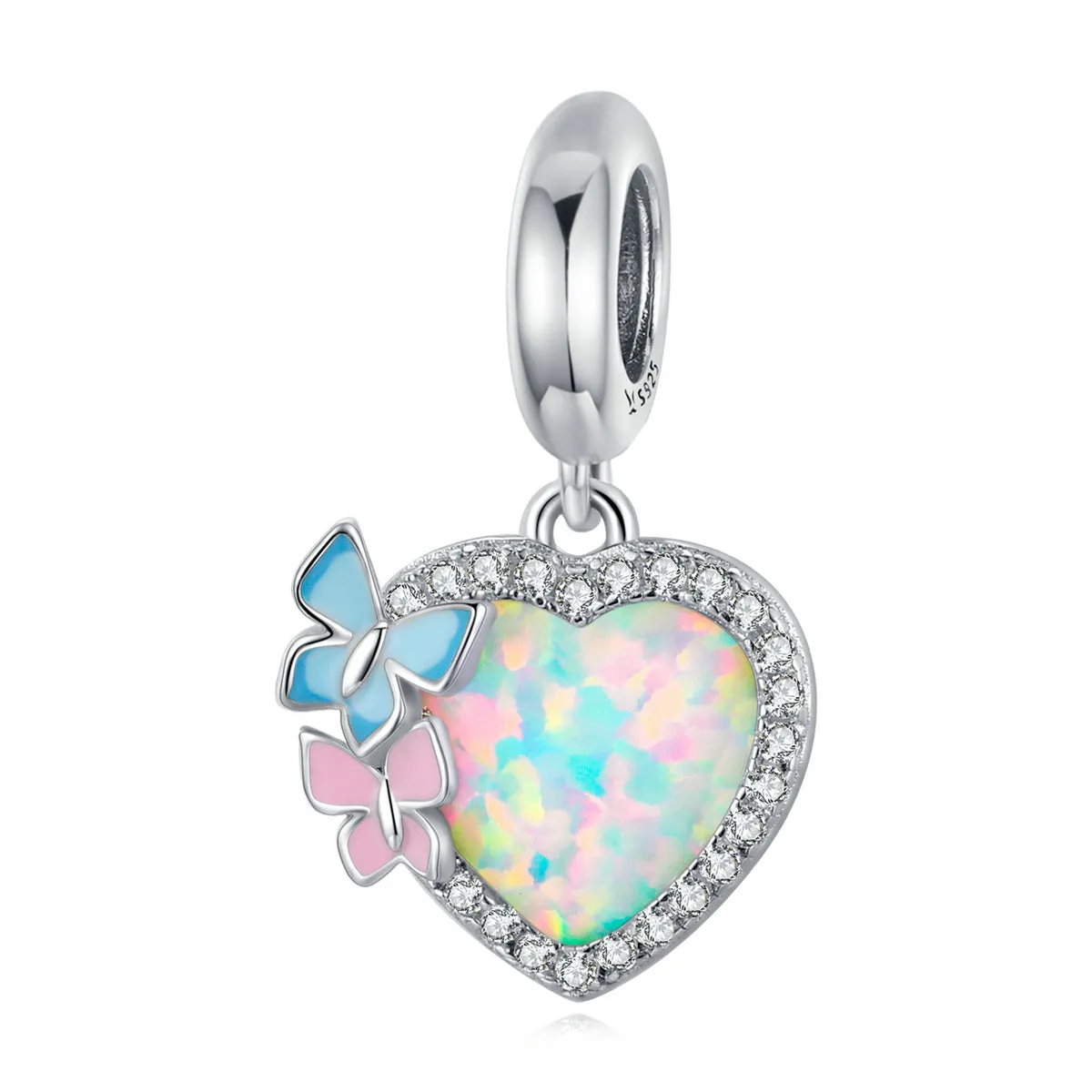 Opalite Crystal Heart Butterfly Charm 925 Sterling Silver