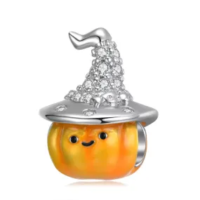 Orange Enamel Pumpkin Witch Charm 925 Sterling Silver