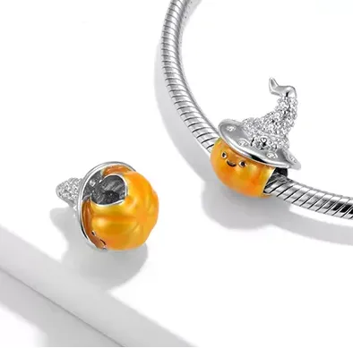 Orange Enamel Pumpkin Witch Charm 925 Sterling Silver