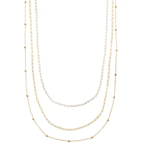 Pearl & Chain 3-Row Long Necklace