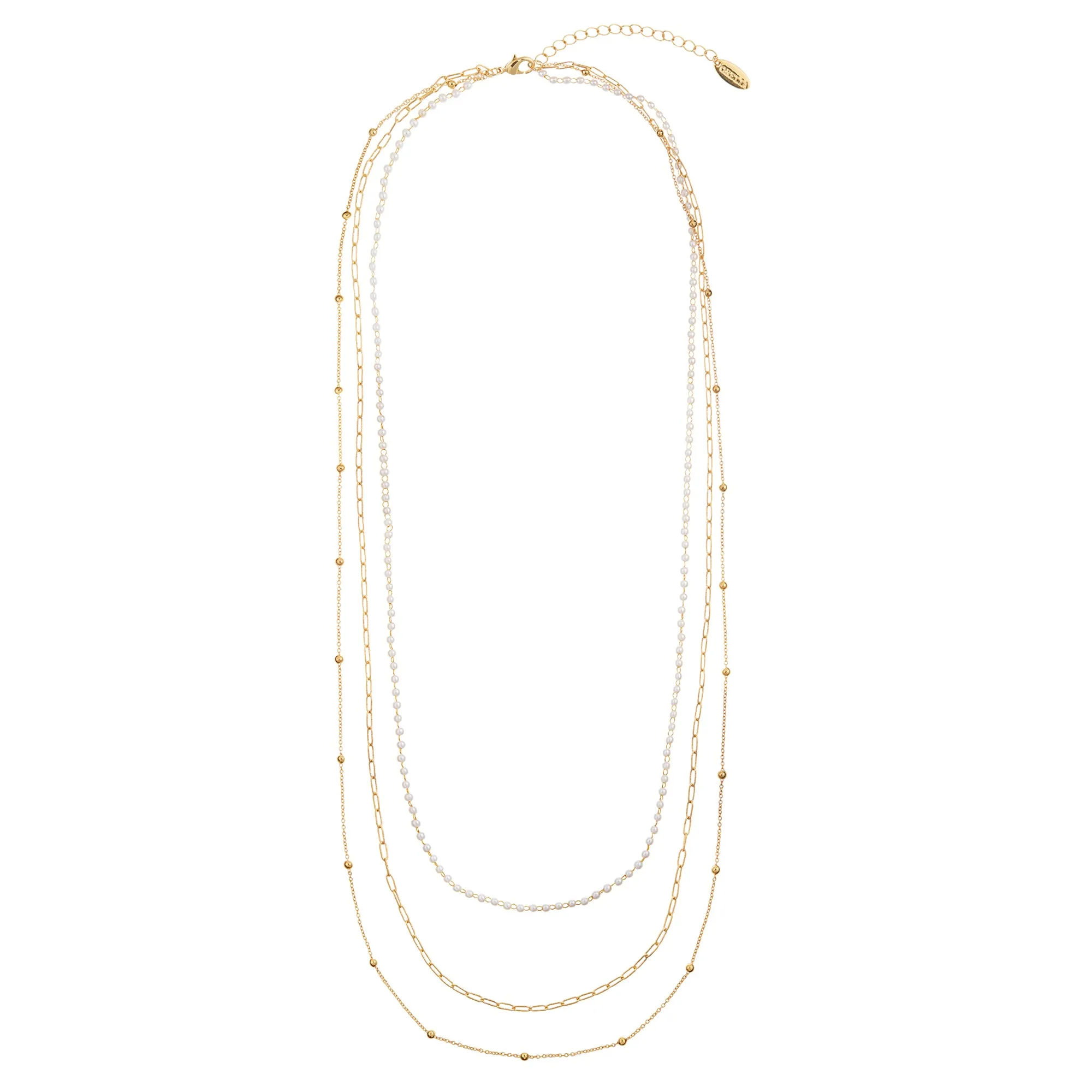 Pearl & Chain 3-Row Long Necklace