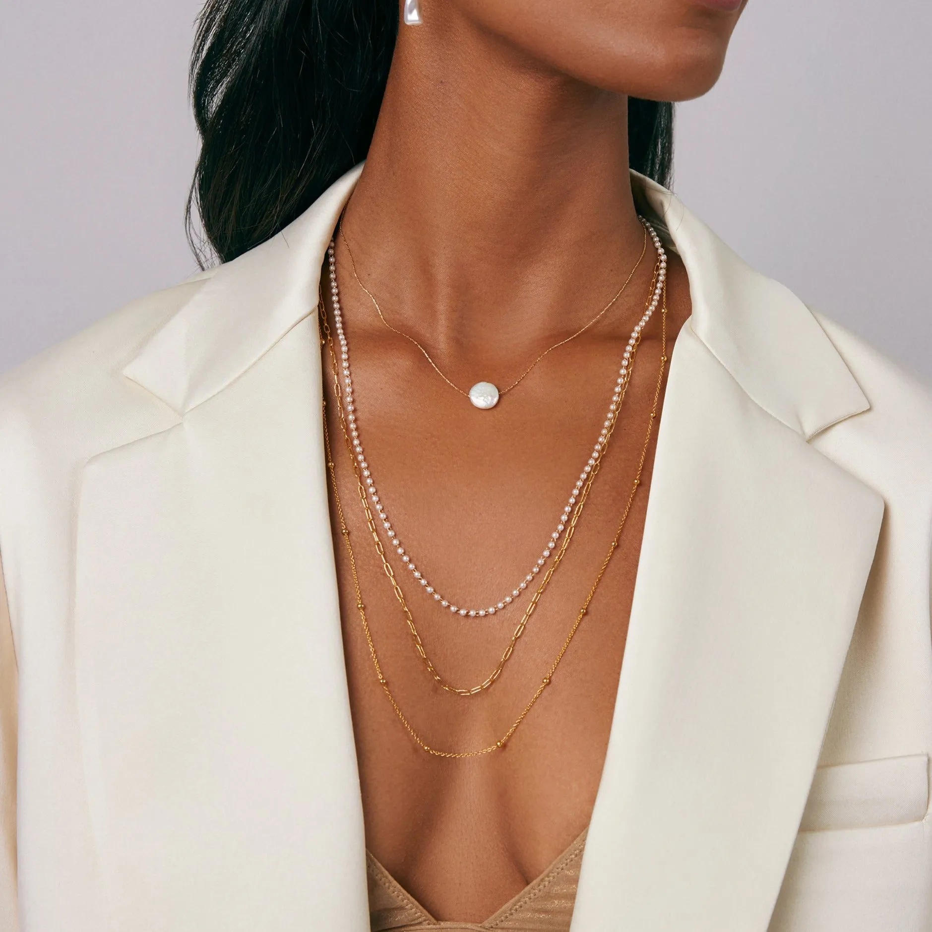 Pearl & Chain 3-Row Long Necklace