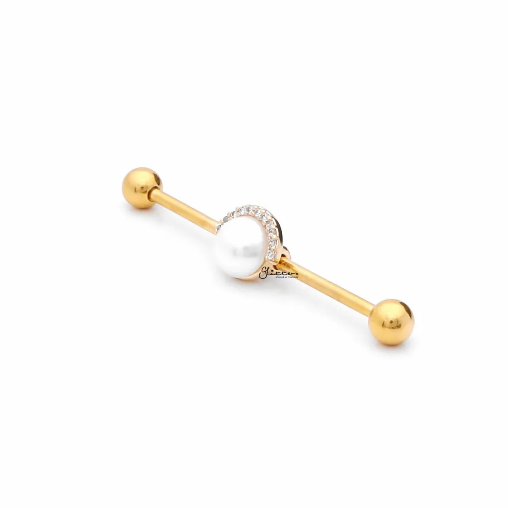 Pearl and Half CZ Rim Edge Industrial Barbell - Gold