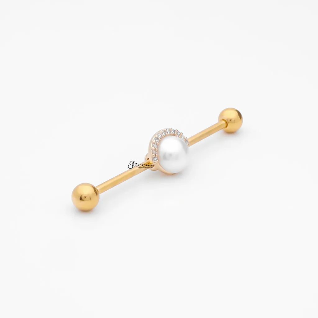 Pearl and Half CZ Rim Edge Industrial Barbell - Gold