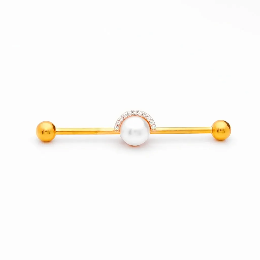 Pearl and Half CZ Rim Edge Industrial Barbell - Gold