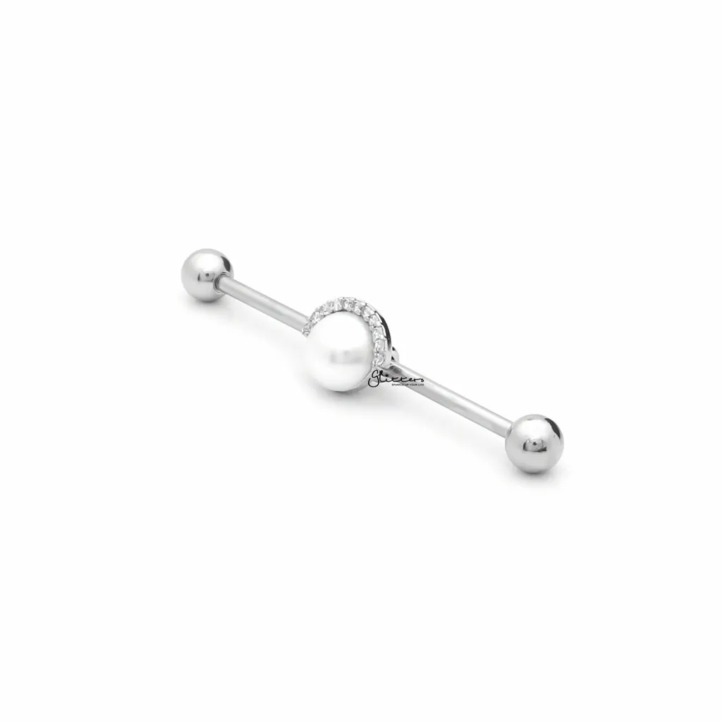 Pearl and Half CZ Rim Edge Industrial Barbell - Silver